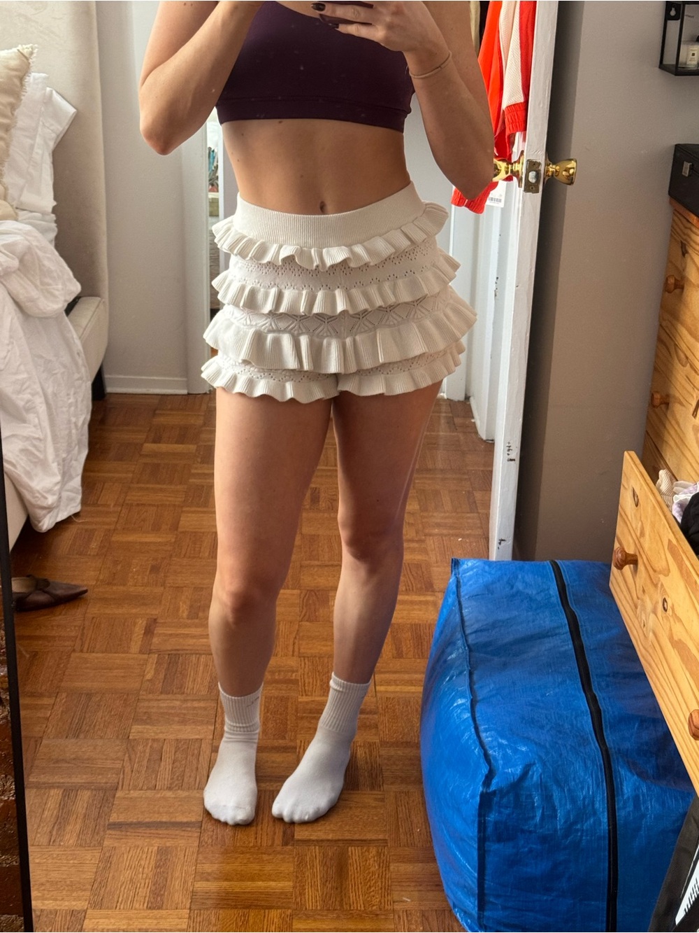 Ruffled Tiered Knit Shorts — White
